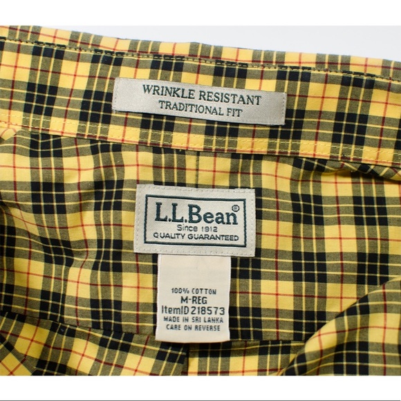 LL Bean Yellow Black Red Plaid Button Down Medium Traditional Fit 100% Cotton - Picture 3 of 3